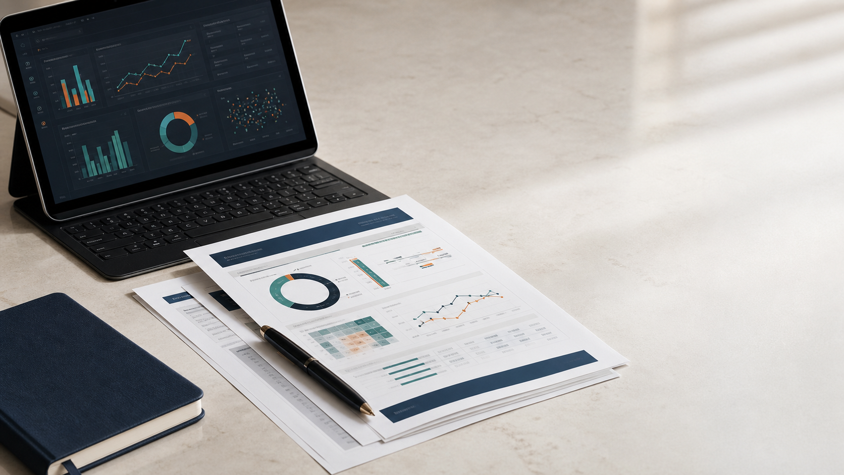 Contract performance reports and analytics charts on a desk