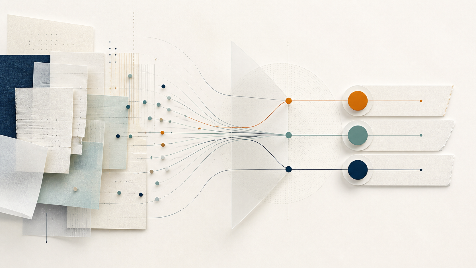 Editorial diagram showing data points resolving into prioritized actions